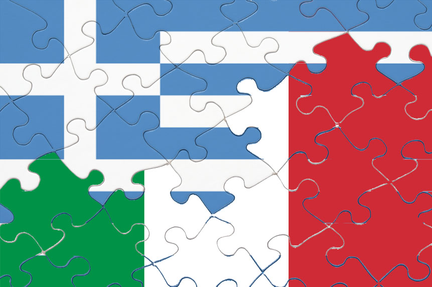 Quebra-cabeças feito com metade da bandeira italiana e metade da grega.